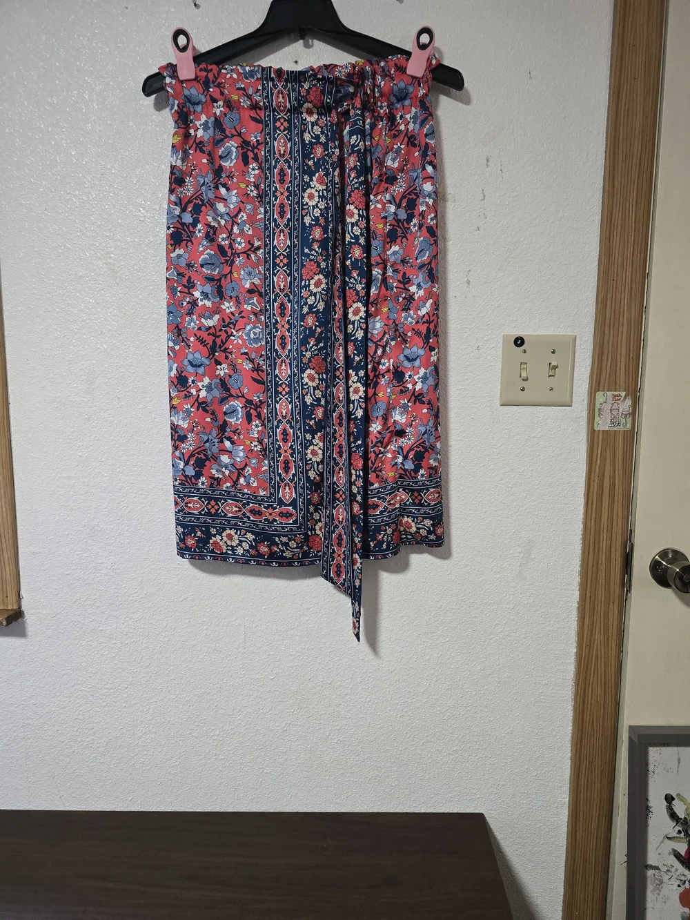 LOFT Floral Border Print Tie Waist Midi Skirt Coral Blue Boho Summer Size 6